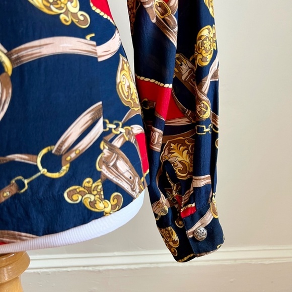 Vintage Stephanie Andrews 100% Silk Equestrian Navy Red Button Down Blouse Shirt - Picture 12 of 16